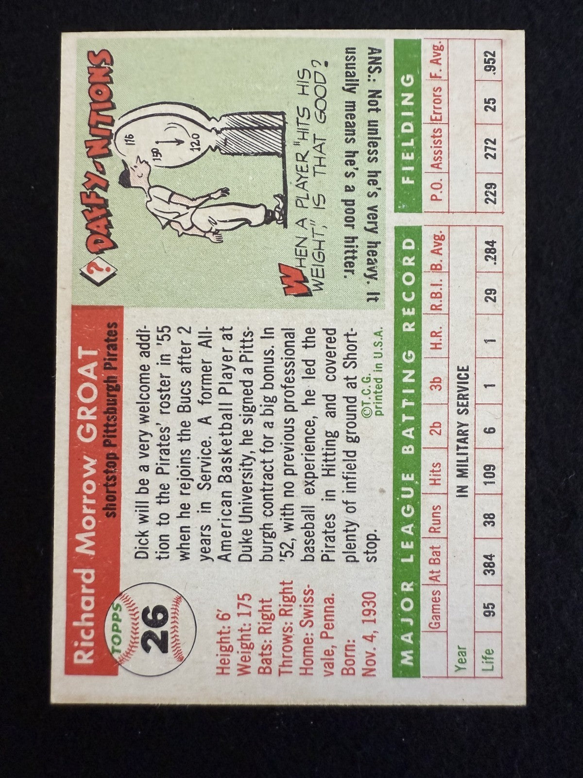 1955 Topps Dick Groat (#26) EX Pirates SS, NL MVP & All-Star ^GRUMPYBUCK^