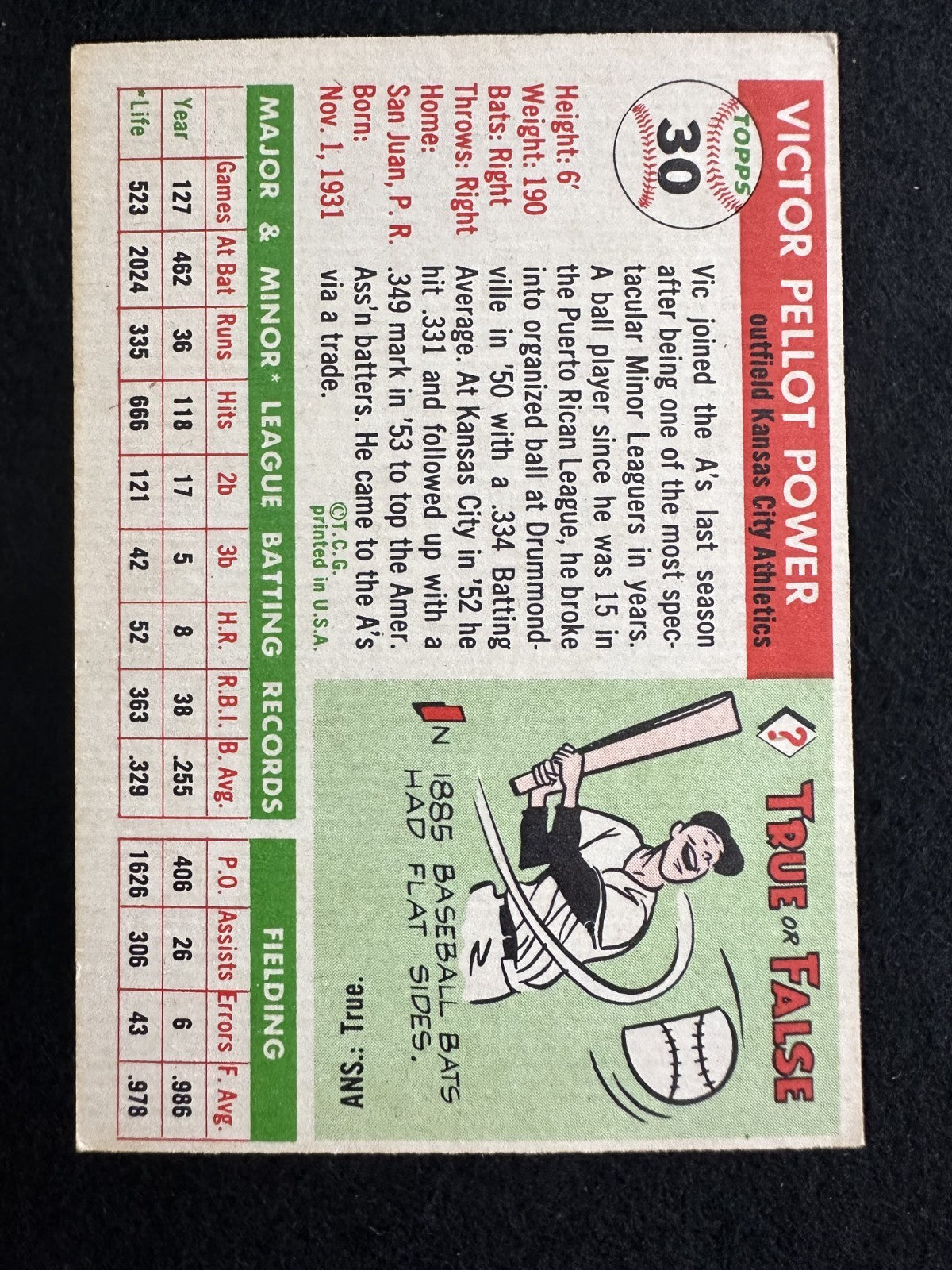 1955 Topps Vic Power (#30) EX All-Star 1B, Athletics/Indians ^GRUMPYBUCK^