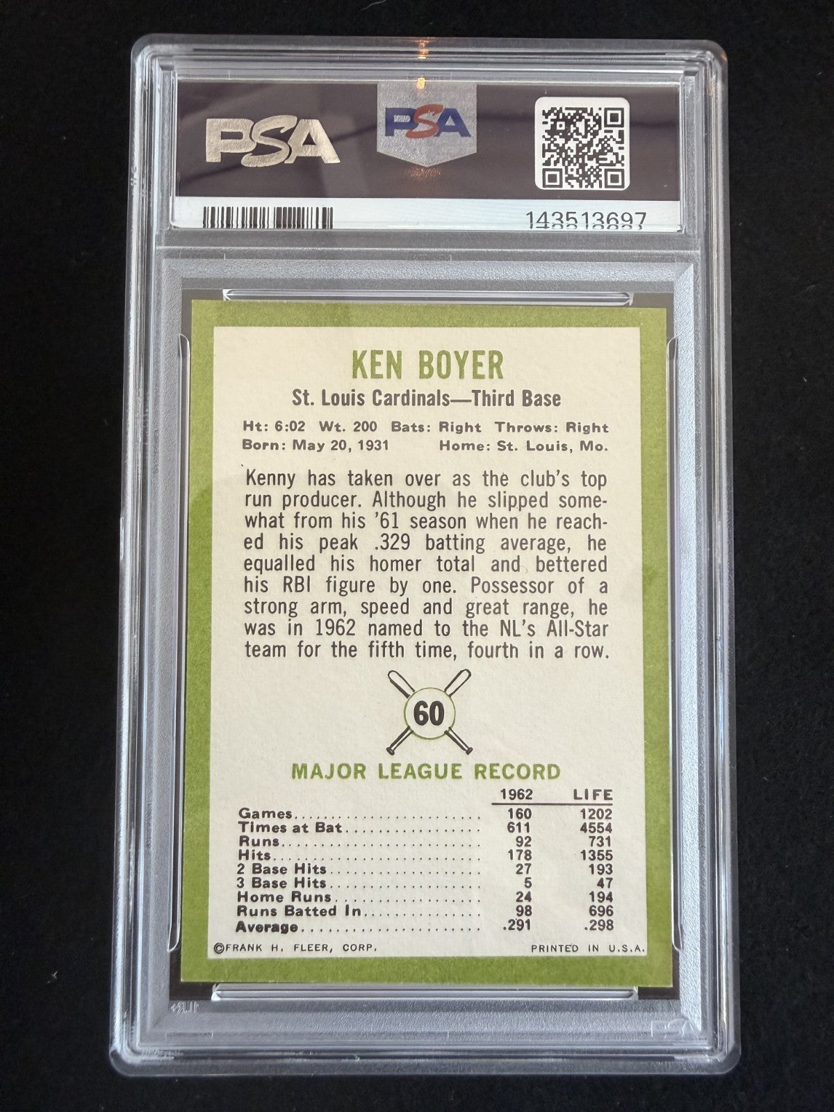 1963 Fleer Ken Boyer (#60) PSA 8(OC) Fresh Slab! 1964 NL MVP ^GRUMPYBUCK^