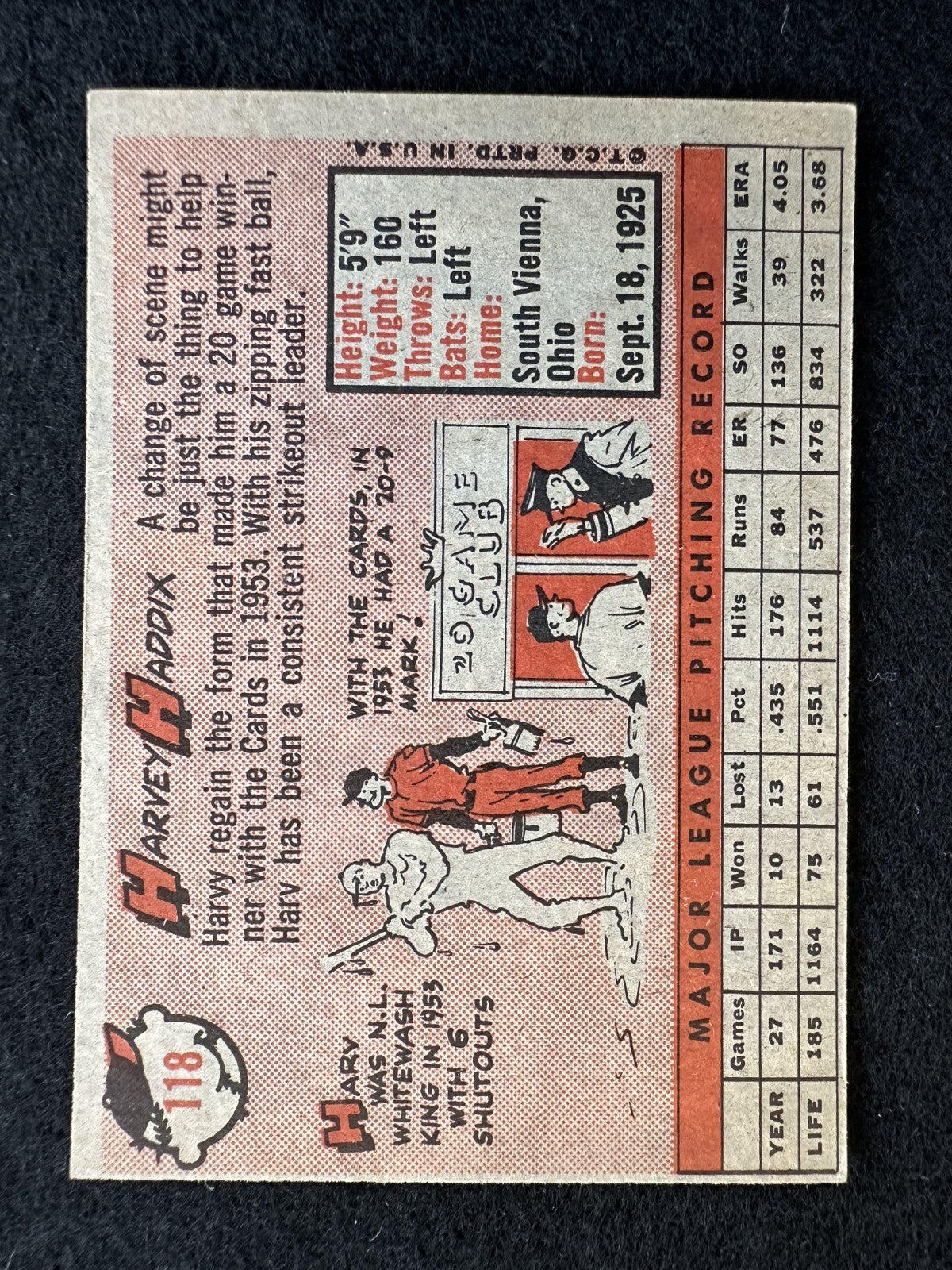 1958 Topps Harvey Haddix (#118) EX Threw 12 Perfect Innings ^GRUMPYBUCK^