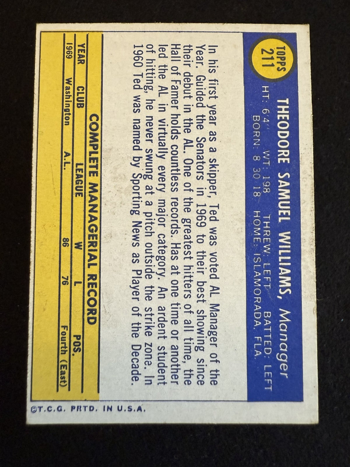 1970 Topps Ted Williams (#211) EX HOFer, Senators Manager Card ^GRUMPYBUCK^