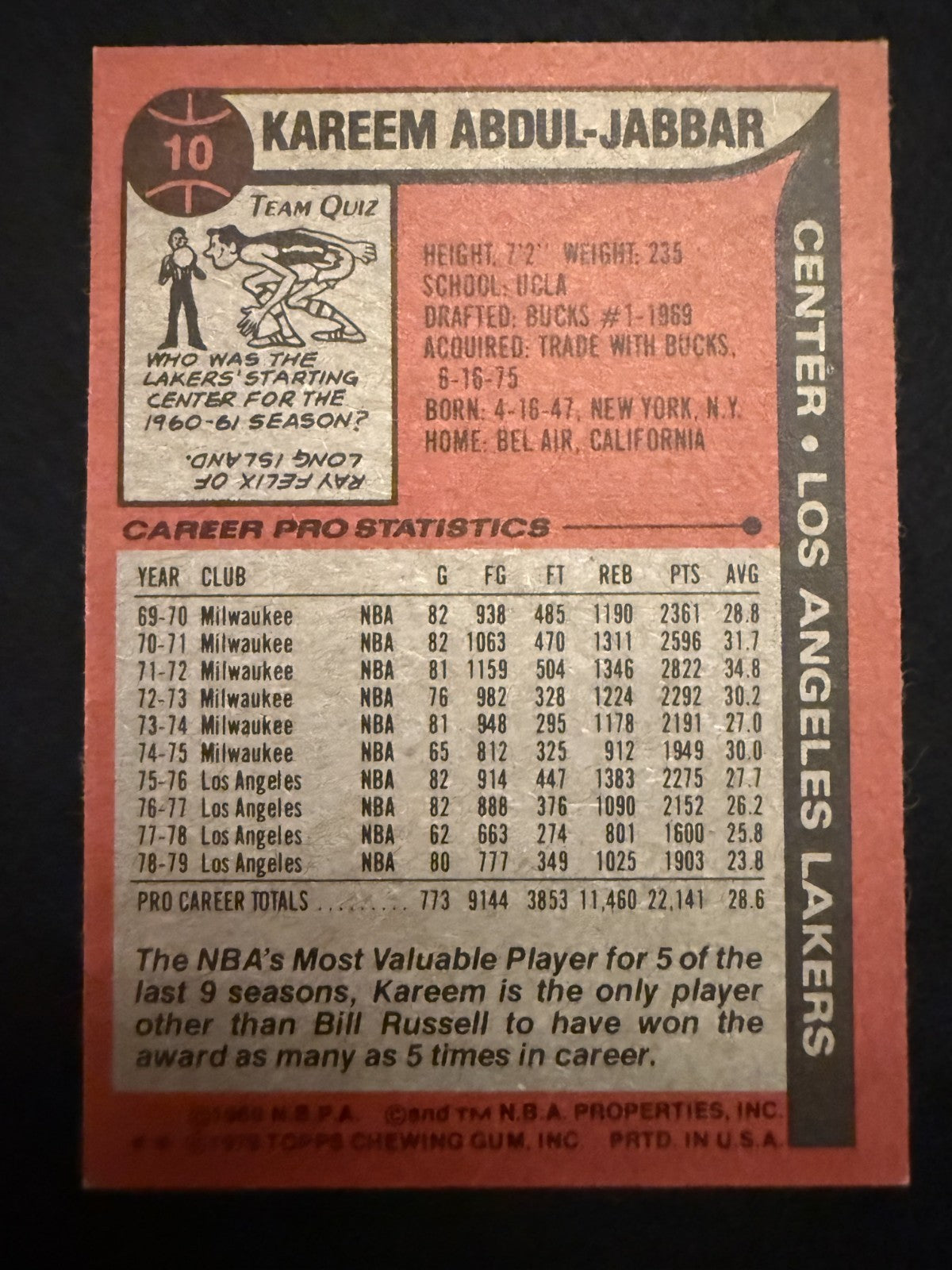 1979–80 Topps Kareem Abdul-Jabbar (#10) Centered, Sharp ^GRUMPYBUCK^