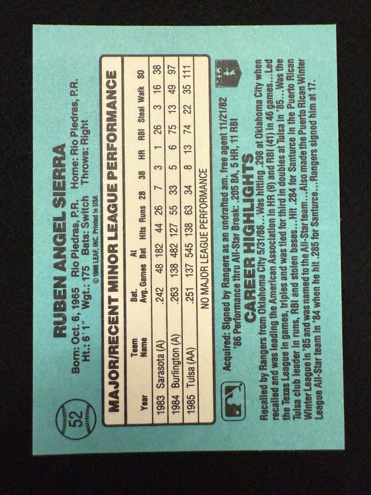 1986 Donruss The Rookies Ruben Sierra (#52) NM RC, Rangers Slugger ^GRUMPYBUCK^