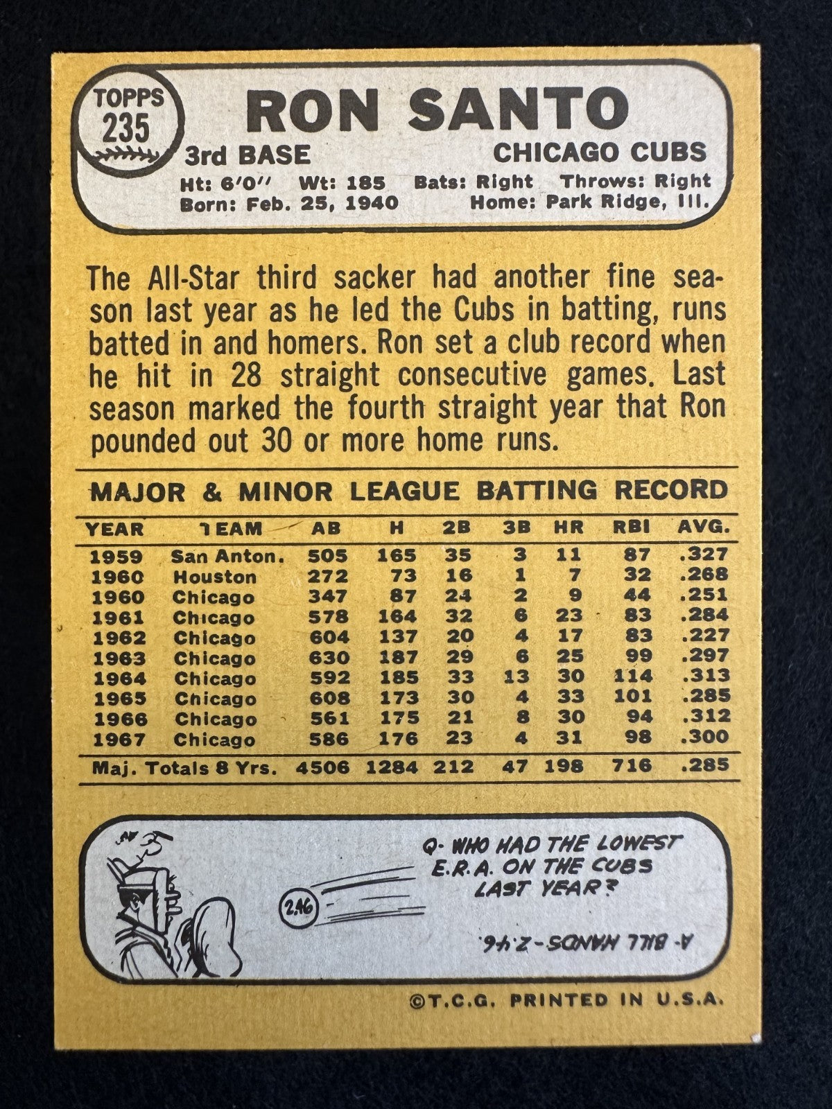 1968 Topps Ron Santo (#235) NM Cubs HOFer, Wrigley Favorite ^GRUMPYBUCK^