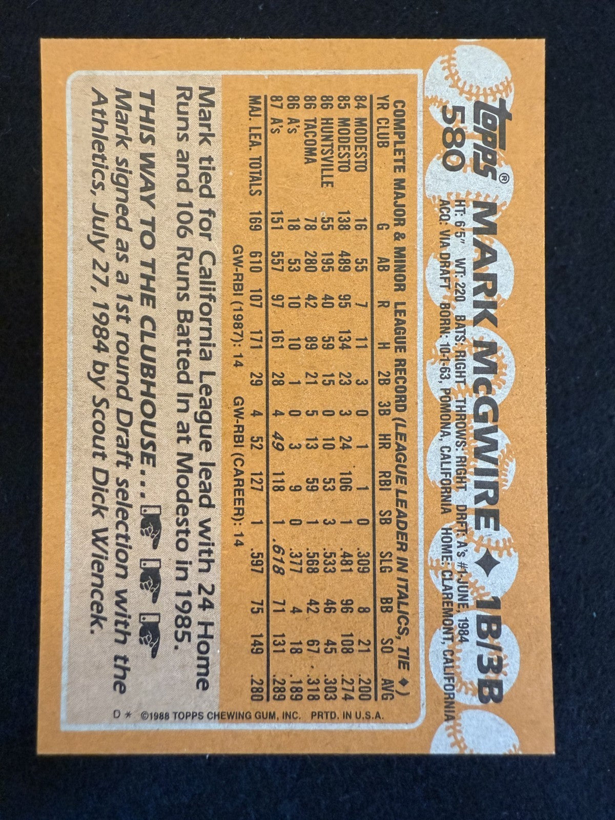 1988 Topps Mark McGwire (#580) NM Rookie Card, Slugger ^GRUMPYBUCK^