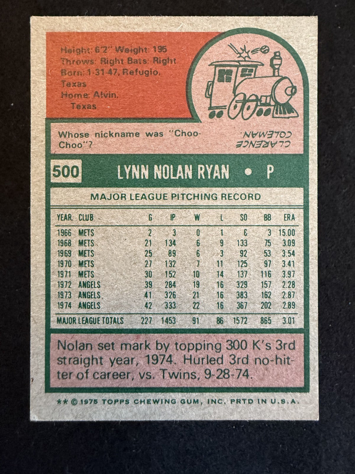 1975 Topps Nolan Ryan (#500) EX HOFer, Flamethrower, Strikeout King ^GRUMPYBUCK^