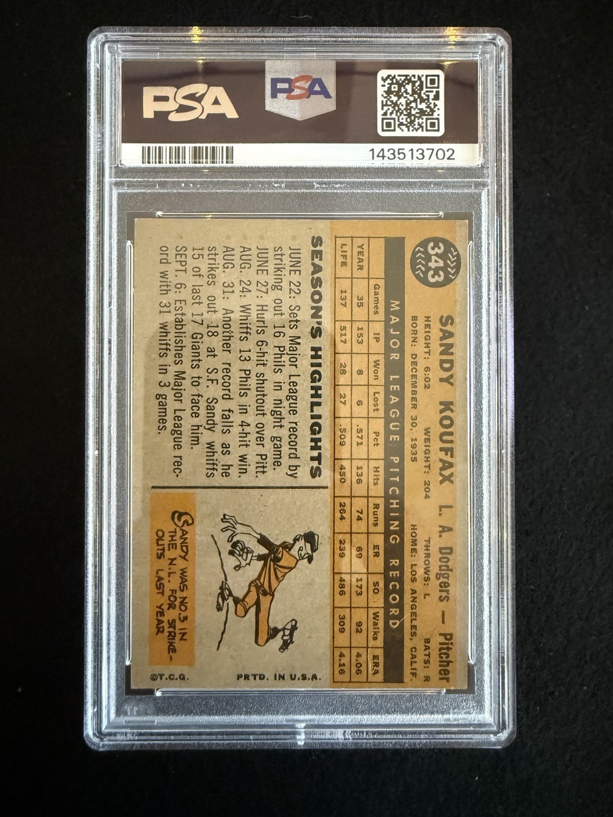 1960 Topps Sandy Koufax (#343) PSA 5 Fresh Slab! HOFer, WS Champ ^GRUMPYBUCK^