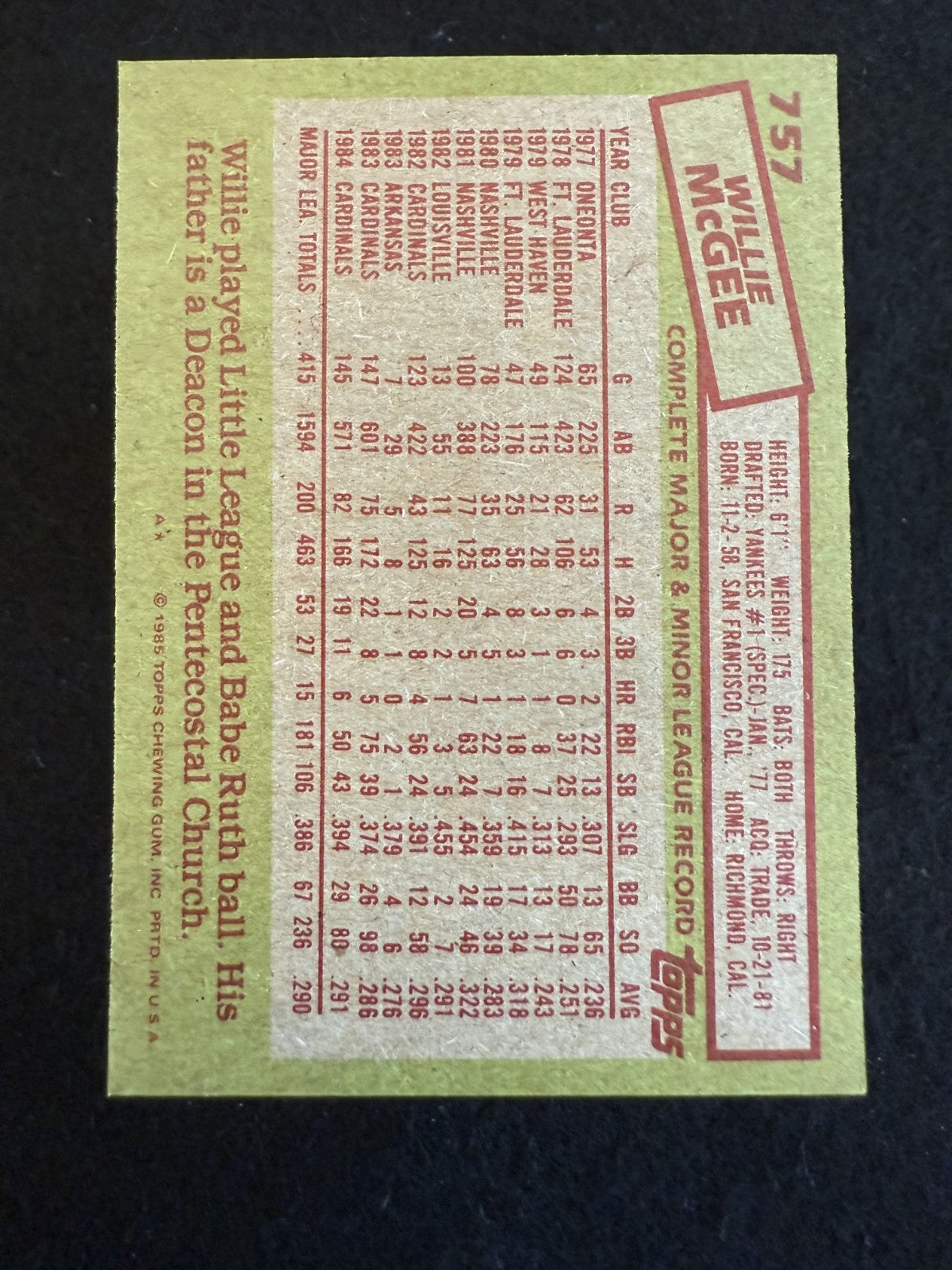 1985 Topps Willie McGee (#757) NM Cardinals Speedster , NL MVP ^GRUMPYBUCK^