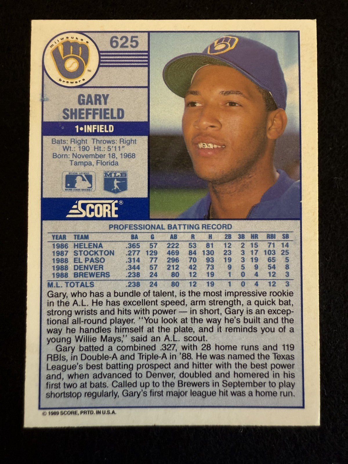 1989 Score Gary Sheffield (#625) NM All Star, Rookie Card ^GRUMPYBUCK^