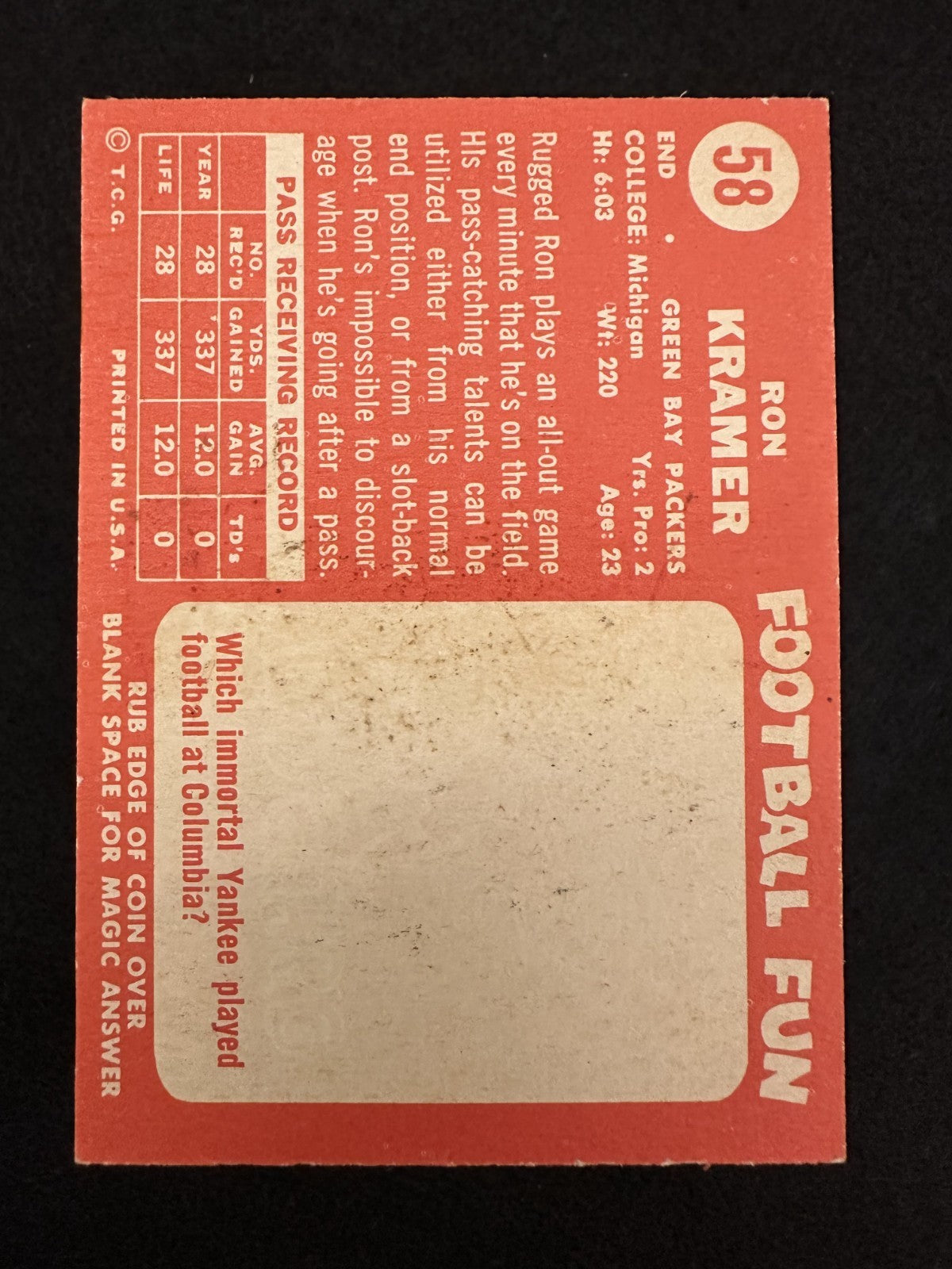 1958 Topps Ron Kramer (#58) EX Rookie Card, NFL Champion ^GRUMPYBUCK^