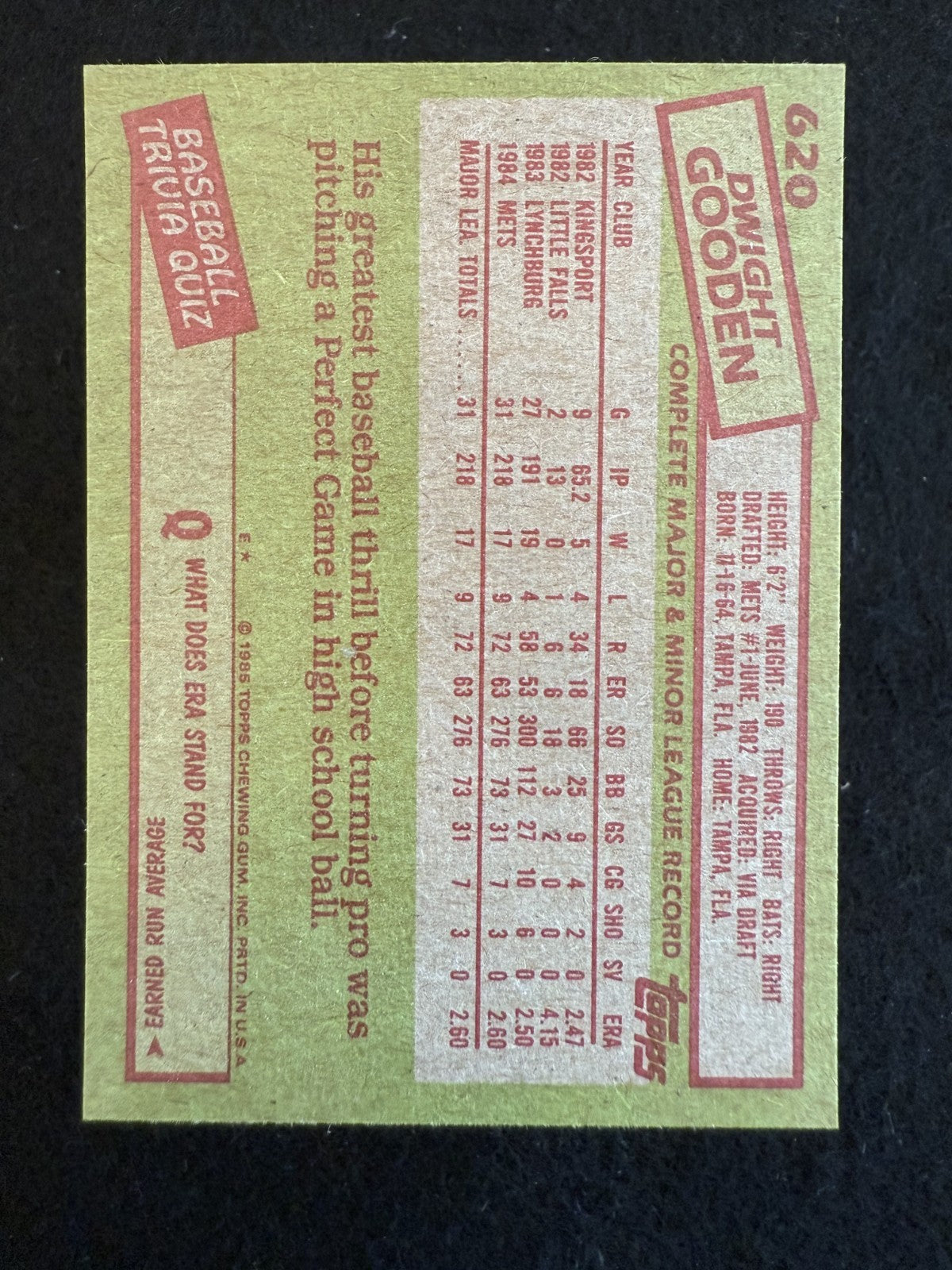 1985 Topps Dwight Gooden (#620) NM Rookie Card, Mets Phenom ^GRUMPYBUCK^