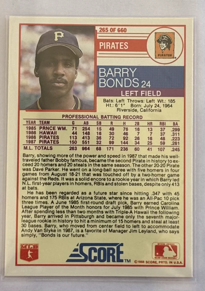 1988 Score Barry Bonds #265 – Young MLB Superstar | Pristine Condition