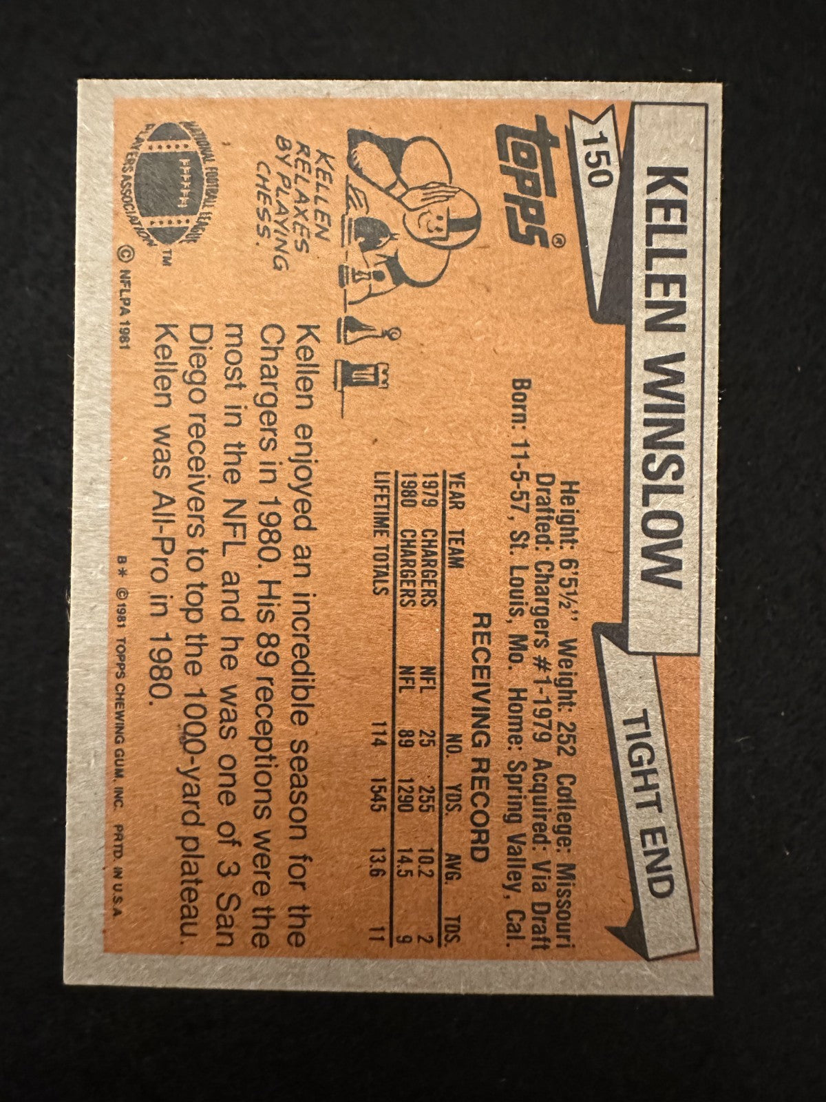 1981 Topps Kellen Winslow (#150) NM HOFer, Rookie Card, Chargers ^GRUMPYBUCK^