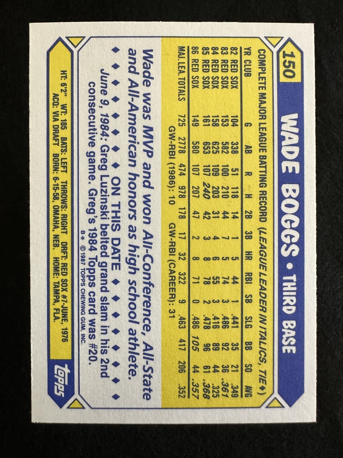 1987 Topps Tiffany Wade Boggs (#150) NM HOFer, 3K Hits, WS Champ ^GRUMPYBUCK^