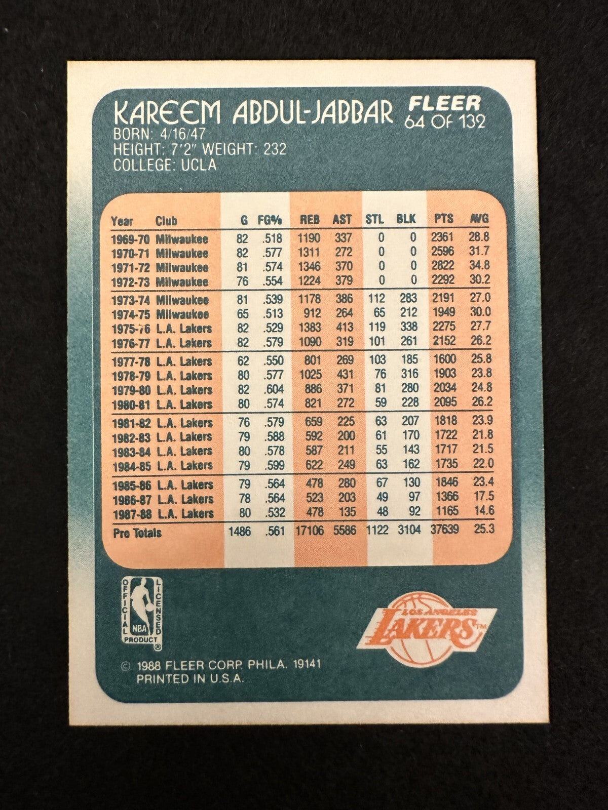 1988–89 Fleer Kareem Abdul-Jabbar (#67) NM HOF, NBA Legend ^GRUMPYBUCK^