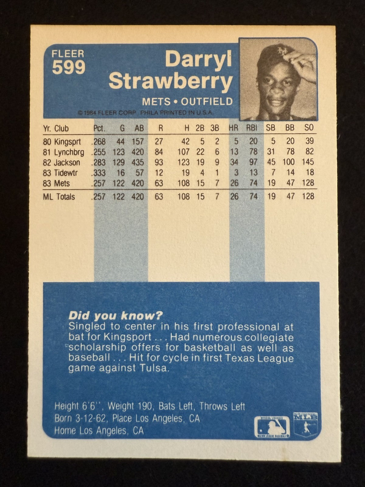 1984 Fleer Darryl Strawberry (#599) Rookie Card, Mets Great ^GRUMPYBUCK^