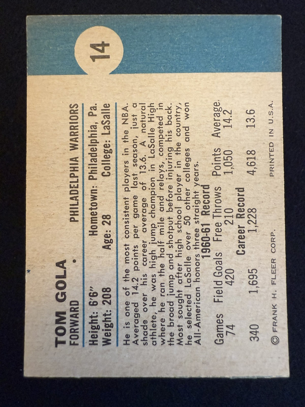 1961-62 Fleer Tom Gola (#14) EX HOFer, Warriors All-Around Star ^GRUMPYBUCK^