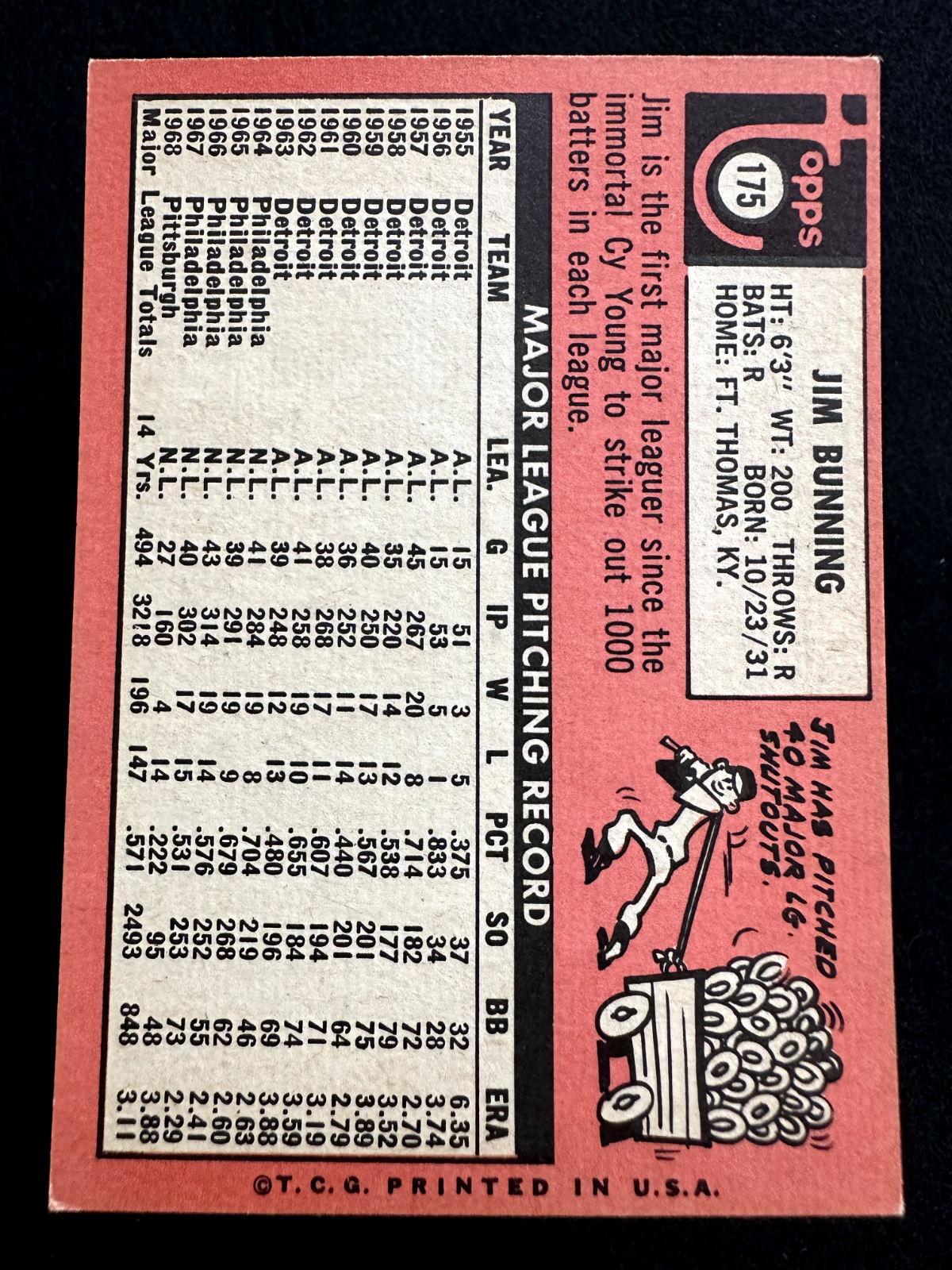 1969 Topps Jim Bunning (#175) EX HOFer, Perfect Game ^GRUMPYBUCK^
