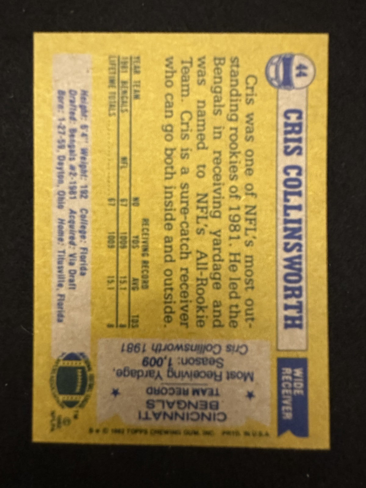 1982 Topps Cris Collinsworth (#44) NM Rookie Card, Bengals WR ^GRUMPYBUCK^