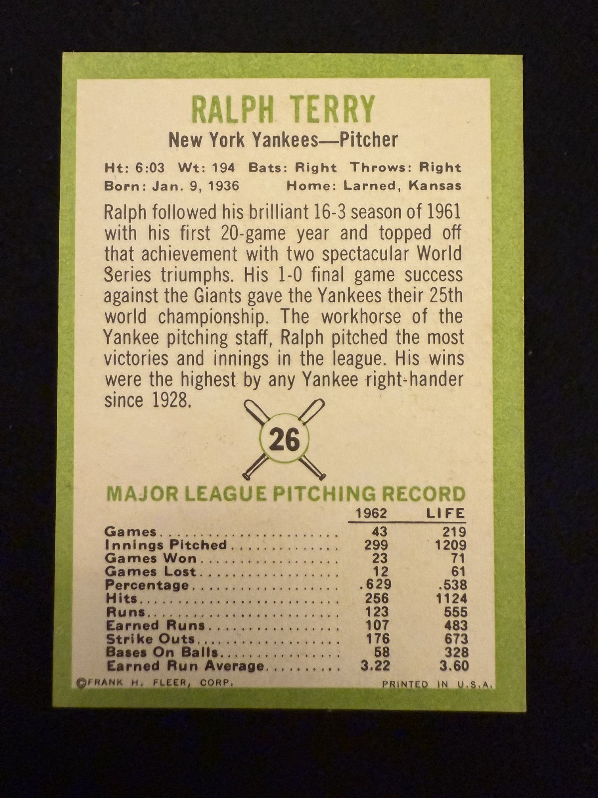 1963 Fleer Ralph Terry (#26) EX Yankees Pitcher, 1962 WS MVP ^GRUMPYBUCK^