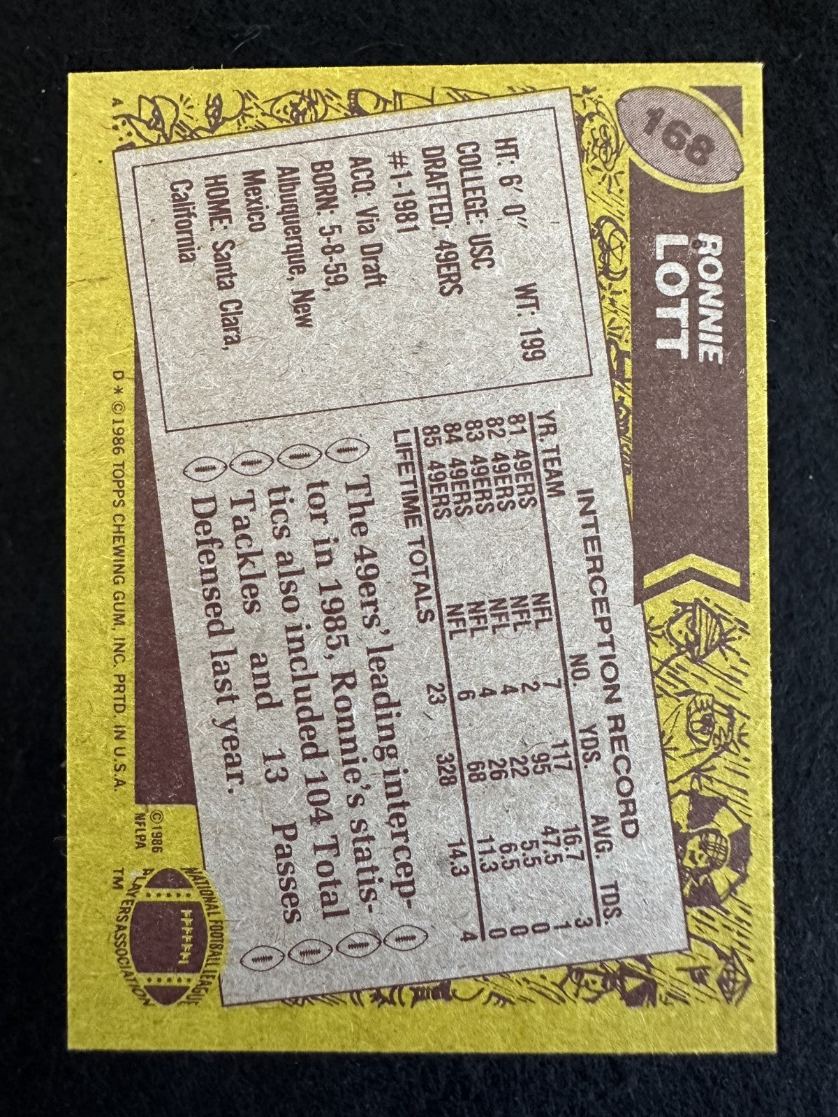 1986 Topps Ronnie Lott (#168 D) NM HOFer, 49ers Legend ^GRUMPYBUCK^*