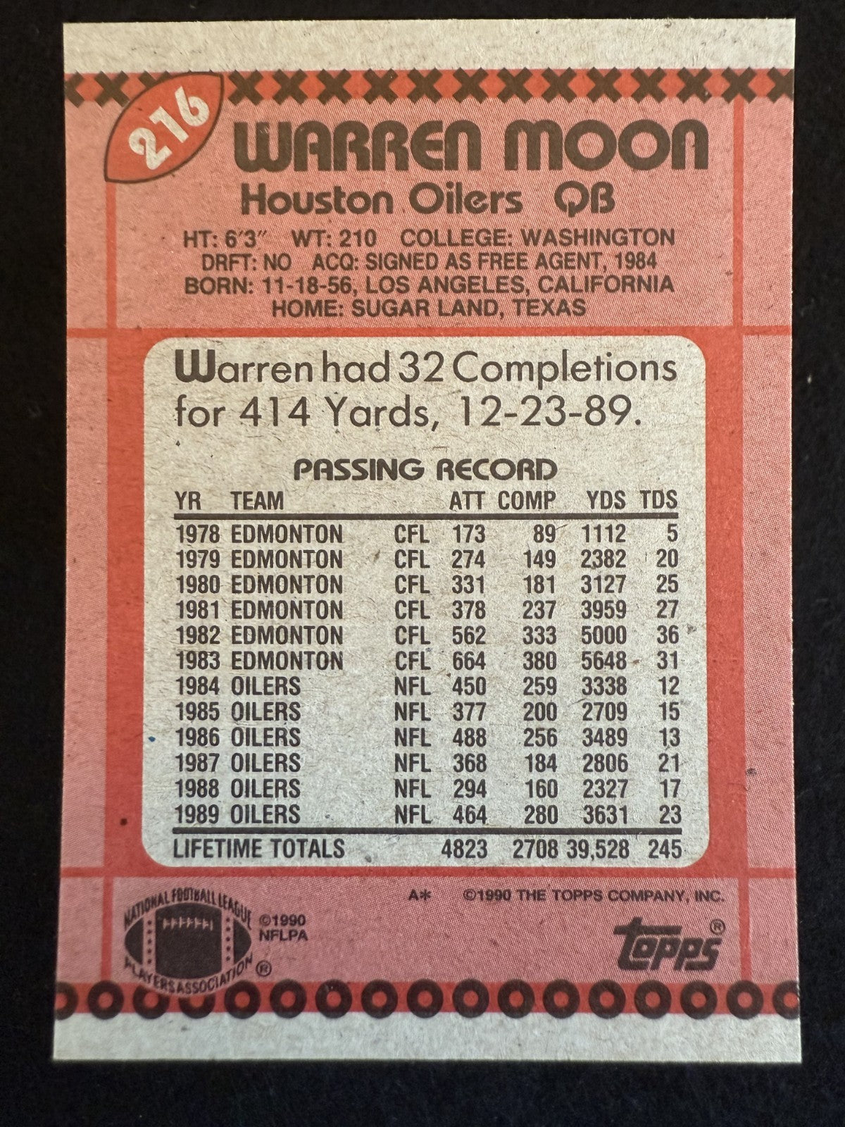 1990 Topps Warren Moon (#216) NM HOFer ^GRUMPYBUCK^