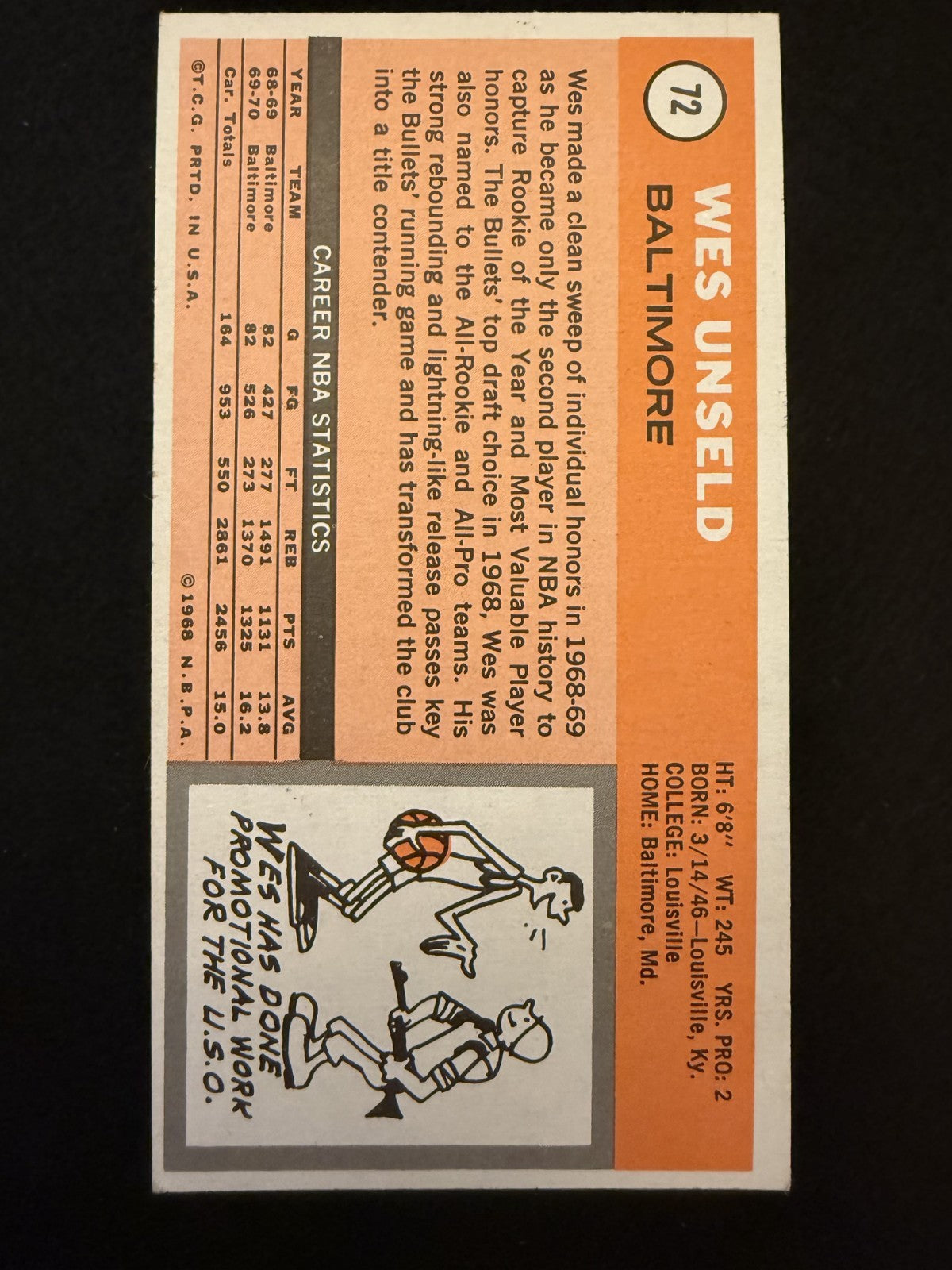 1970-71 Topps Wes Unseld (#72) EX HOFer, Bullets Rebounding Legend ^GRUMPYBUCK^
