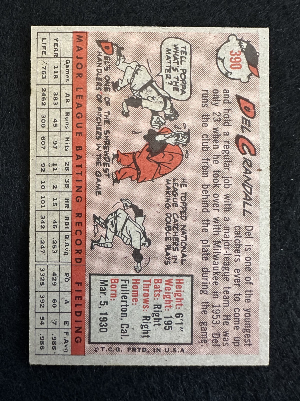 1958 Topps Del Crandall (#390) EX All-Star Catcher, Braves Backstop ^GRUMPYBUCK^