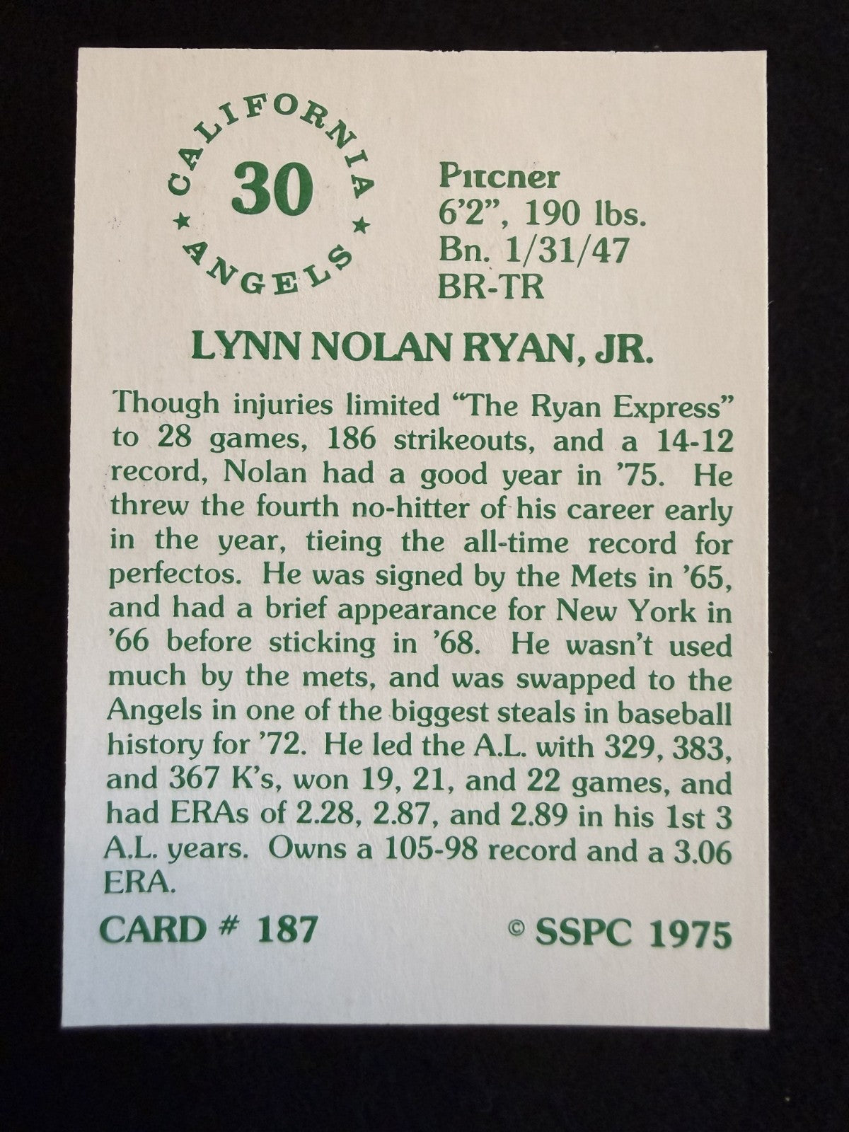 1976 SSPC Nolan Ryan (#187) Perfectly Centered, Sharp Corners ^GRUMPYBUCK^