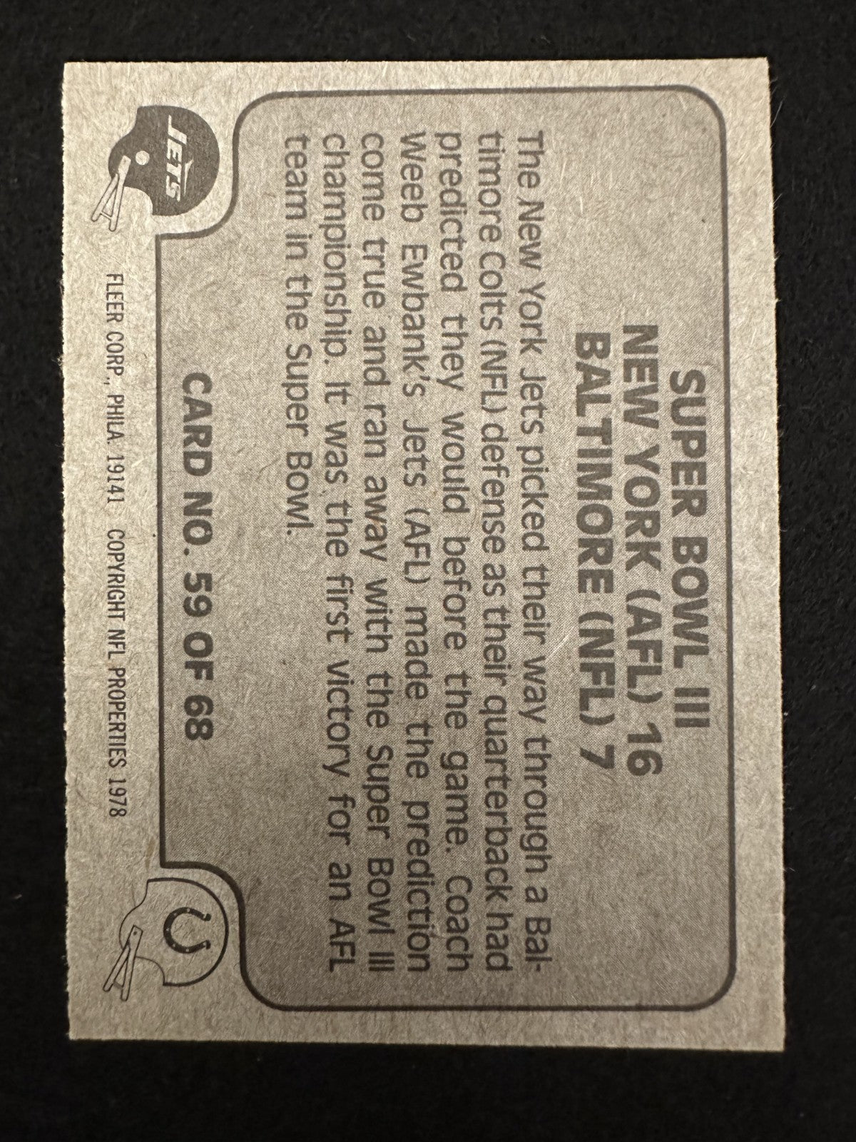 1978 Fleer Team Action (#59) NM Super Bowl III, Jets Upset Colts ^GRUMPYBUCK^