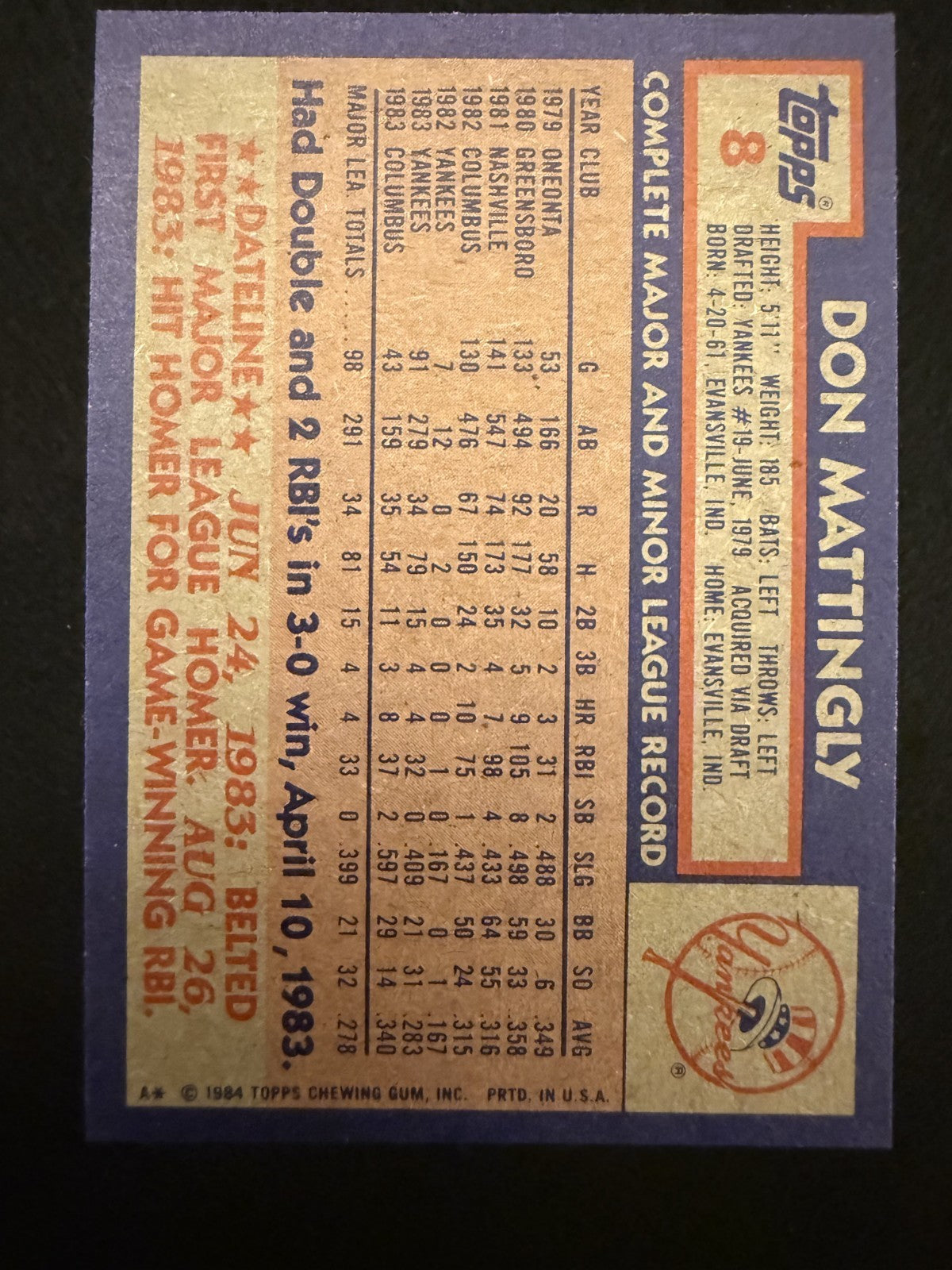 1984 Topps Don Mattingly (#8) NM Rookie Card, Yankees Great ^GRUMPYBUCK^