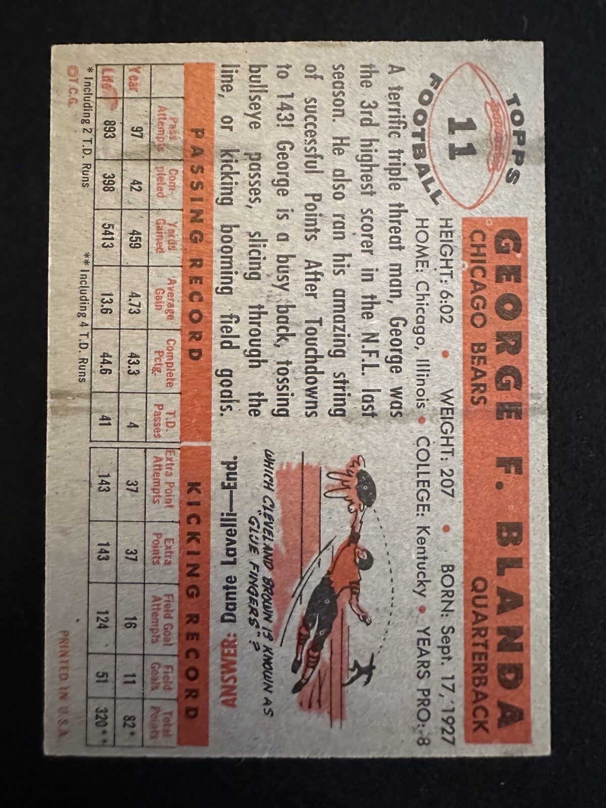 1956 Topps George Blanda (#11) EX HOFer, AFL Champ ^GRUMPYBUCK^