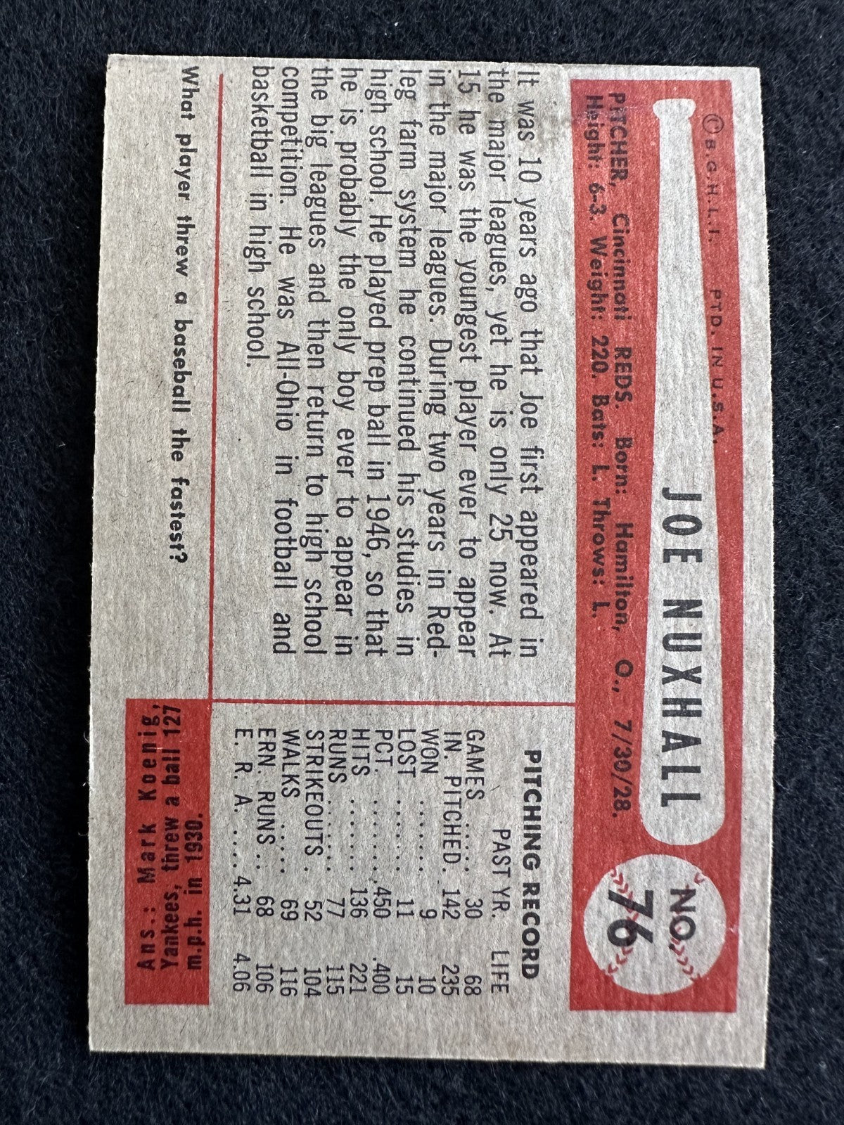 1954 Bowman Joe Nuxhall (#76) EX Teen Phenom, Broadcasting Great ^GRUMPYBUCK^