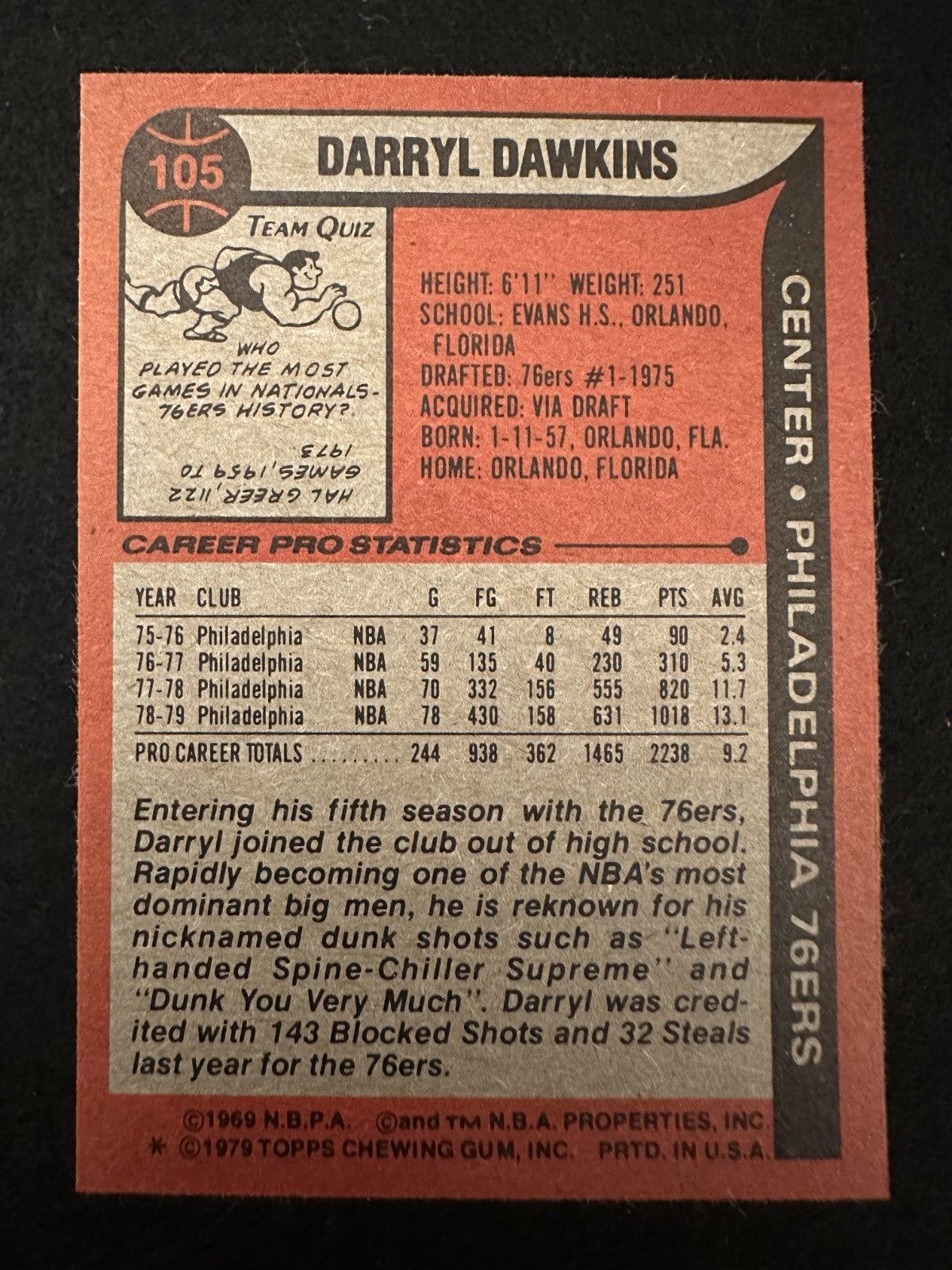 1979-80 Topps Darryl Dawkins (#105) NM Chocolate Thunder ^GRUMPYBUCK^