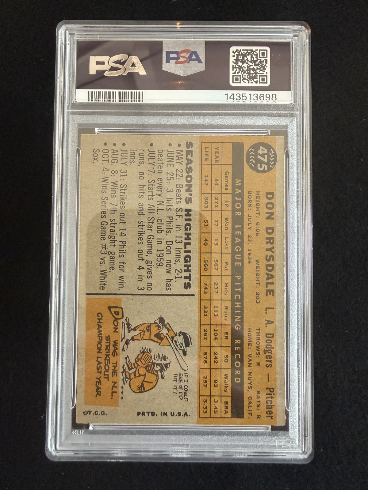 1960 Topps Don Drysdale (#475) PSA 7 Brand-New Slab! ^GRUMPYBUCK^