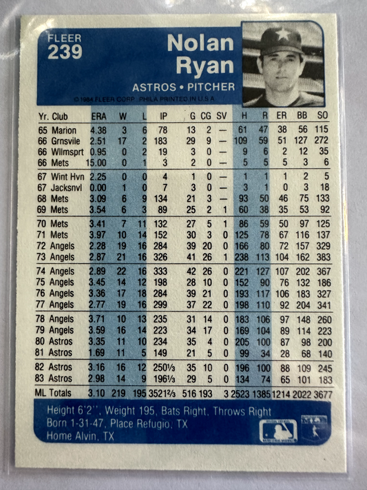 1984 Fleer Nolan Ryan #239 – The Ryan Express | MLB’s Strikeout King | Pristine