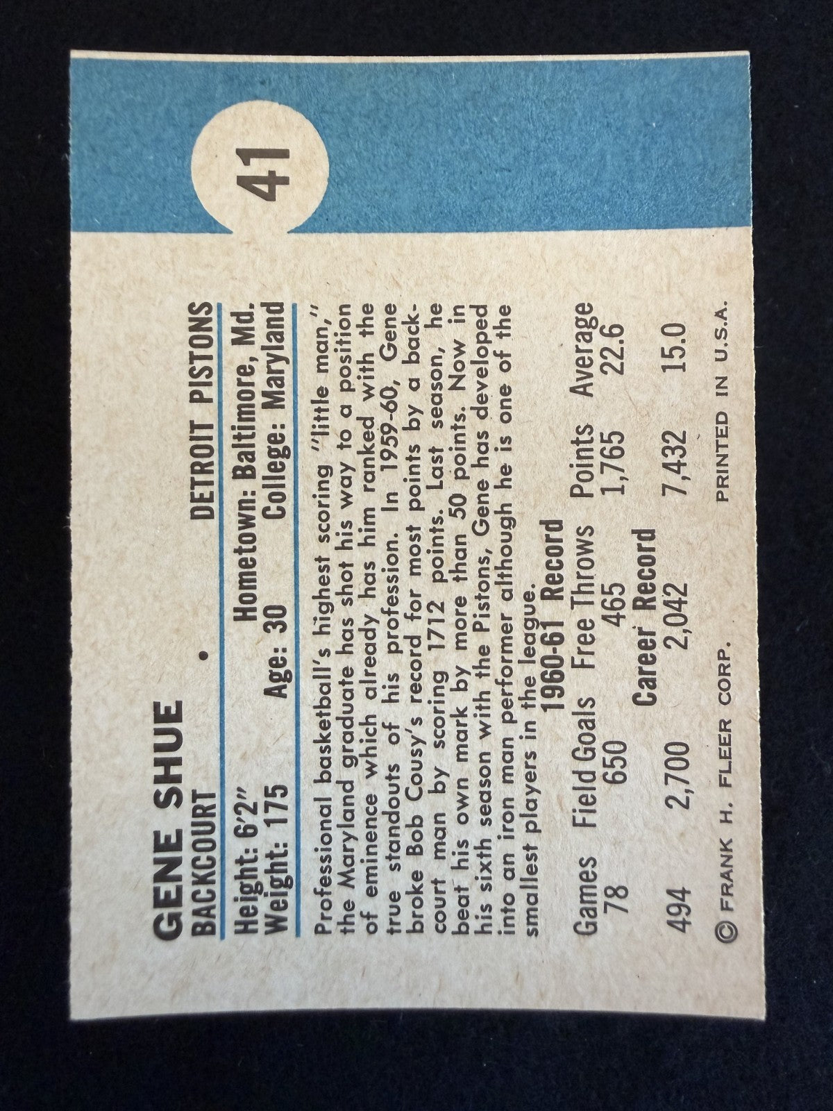 1961-62 Fleer Gene Shue (#41) Beautiful Card, Crisp Corners ^GRUMPYBUCK^