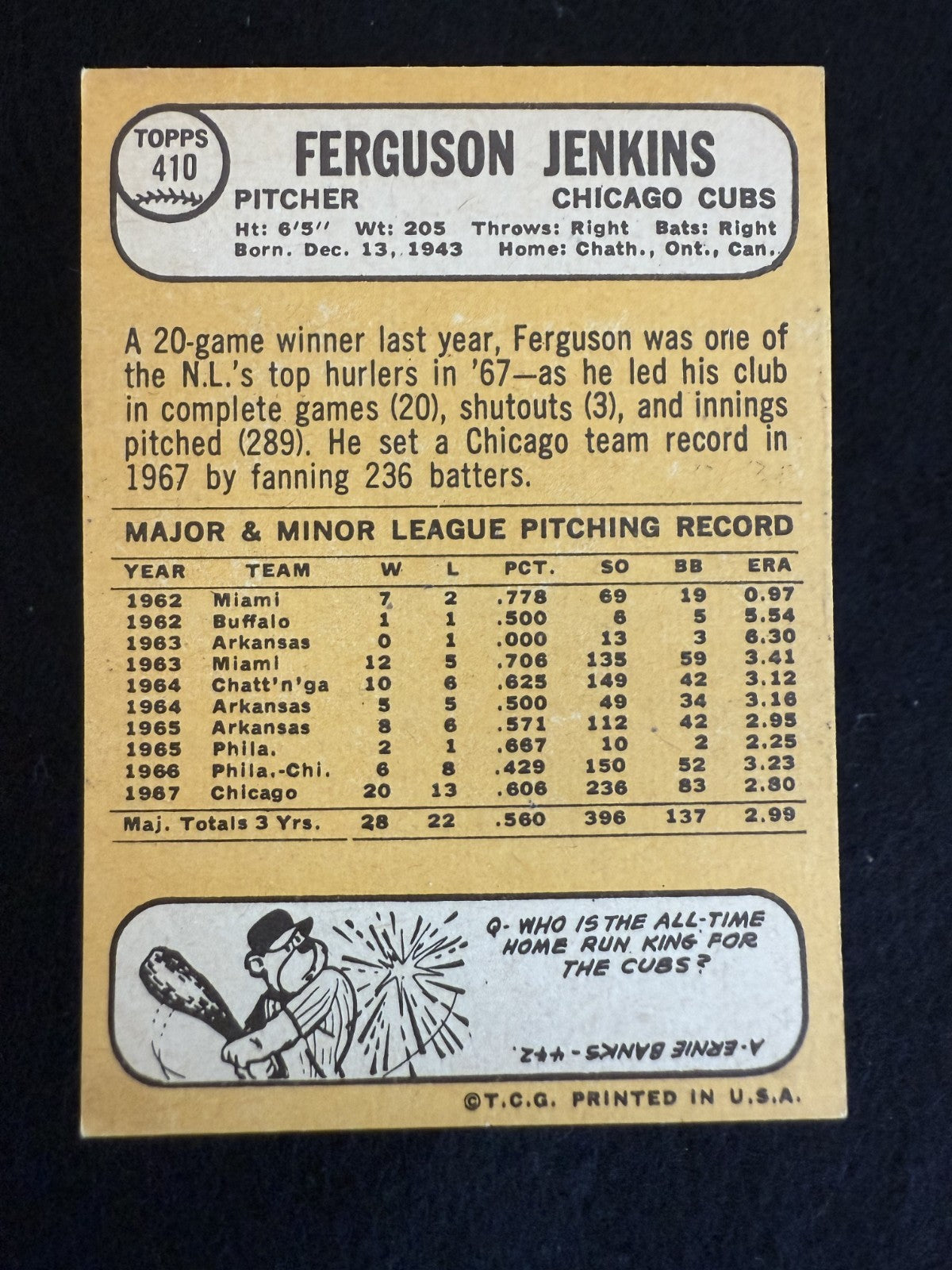 1968 Topps Fergie Jenkins (#410) EX HOFer, Ace, Cubs Legend ^GRUMPYBUCK^
