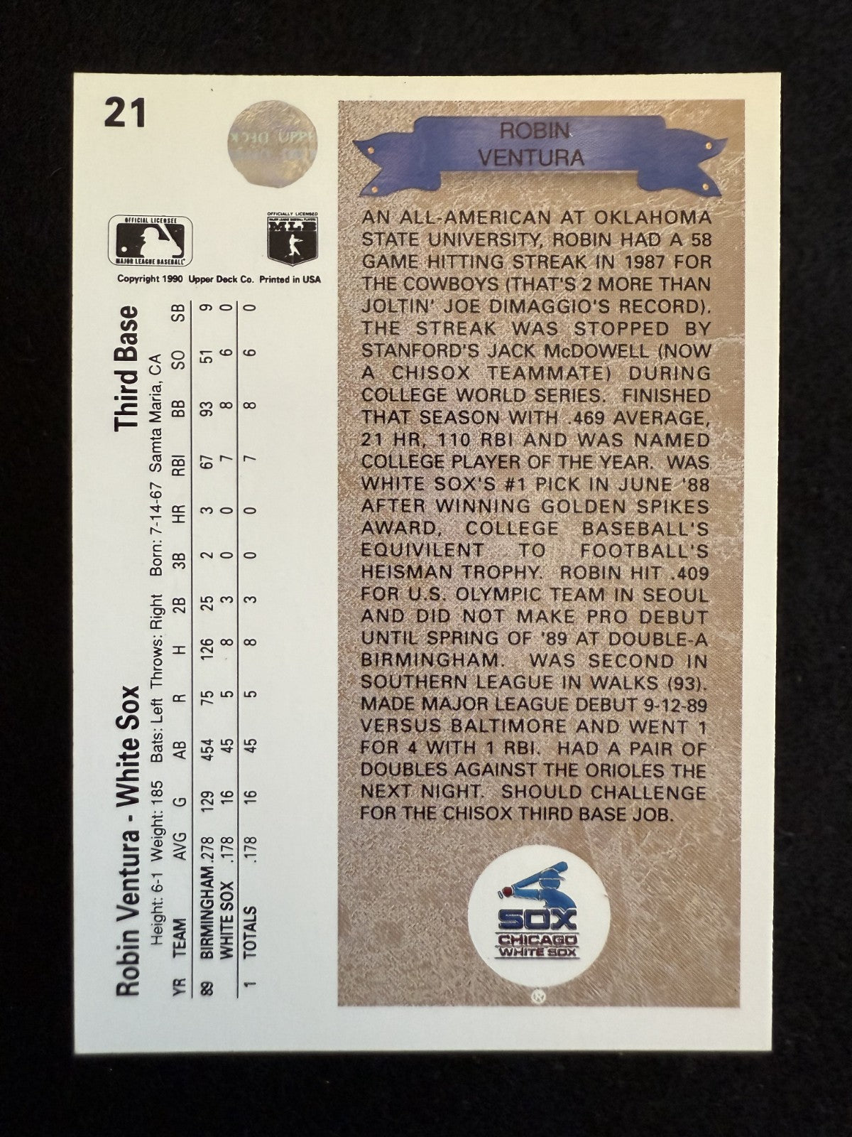 1990 Upper Deck Robin Ventura (#21) NM Rookie Card, White Sox/Mets ^GRUMPYBUCK^