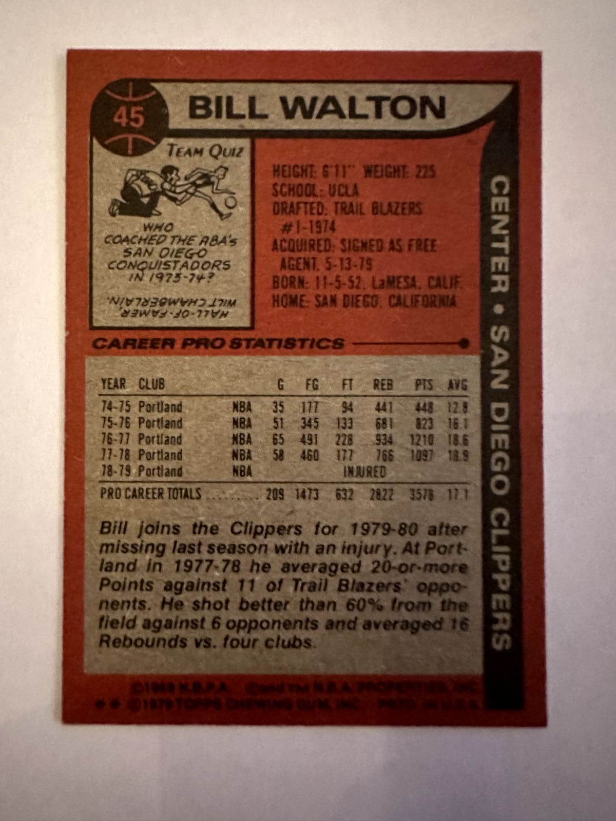 1979-1980 Topps Bill Walton - Hall of Famer, Great Condition, Nicely Centered