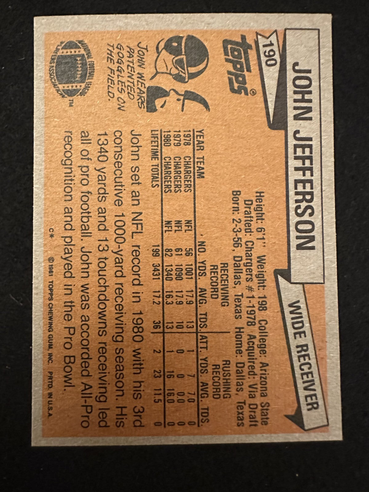 1981 Topps John Jefferson (#190) NM Chargers WR, Air Coryell Weapon ^GRUMPYBUCK^