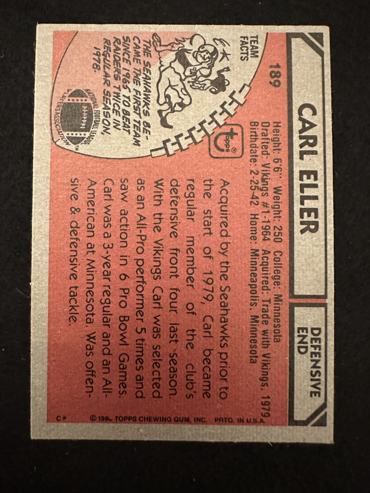 1980 Topps Carl Eller (#189) NM HOFer, Purple People Eater ^GRUMPYBUCK^