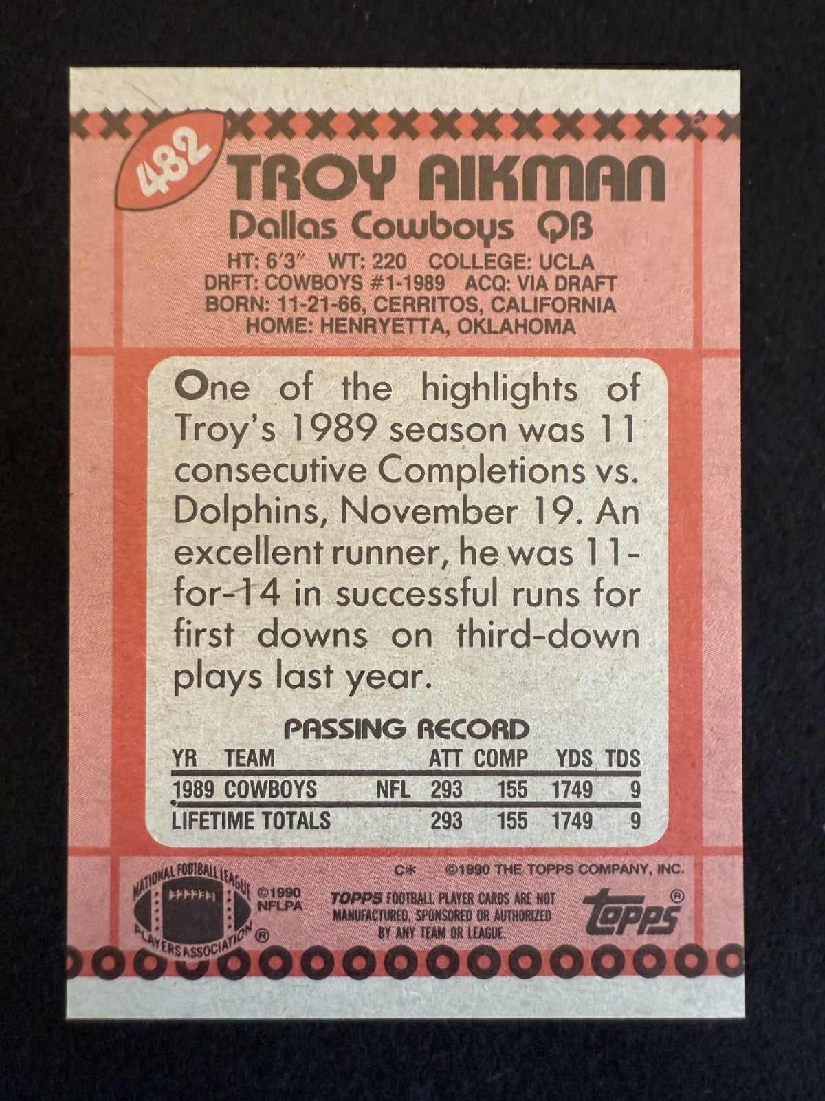 1990 Topps Troy Aikman (#482) NM HOFer, Rookie Card ^GRUMPYBUCK^