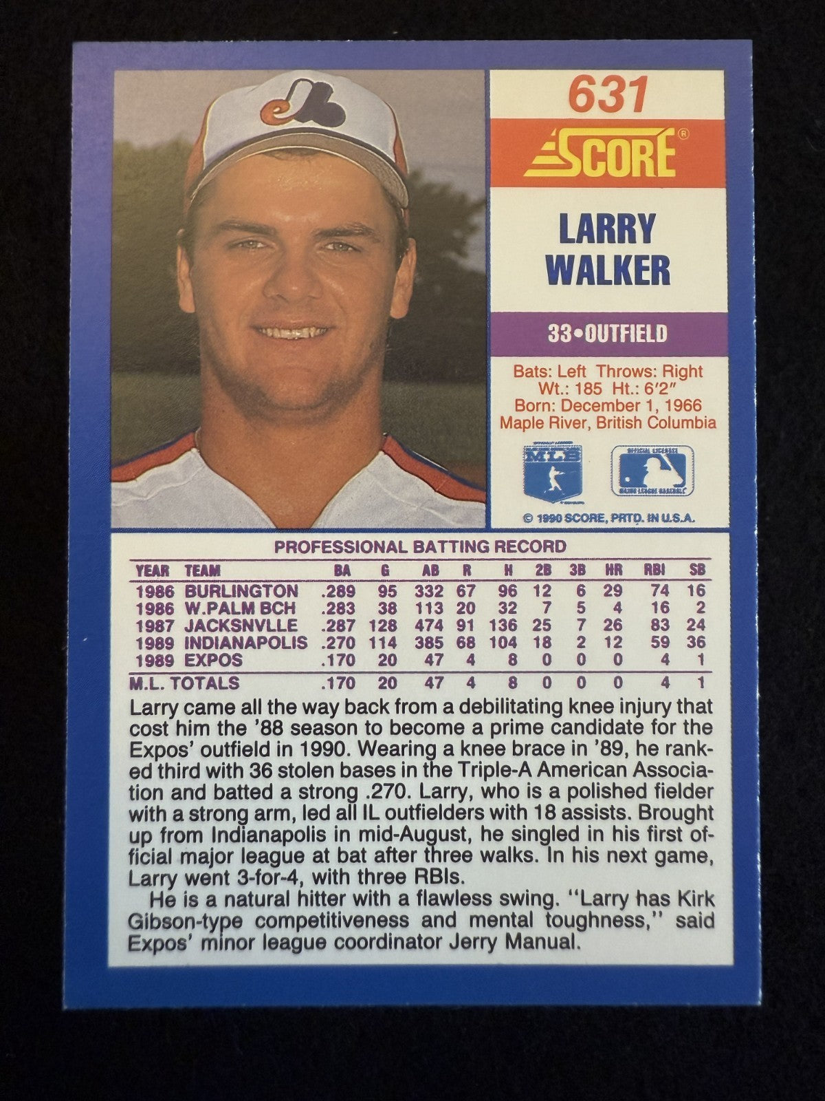 1990 Score Larry Walker (#631) NM Rookie Card, HOFer ^GRUMPYBUCK^
