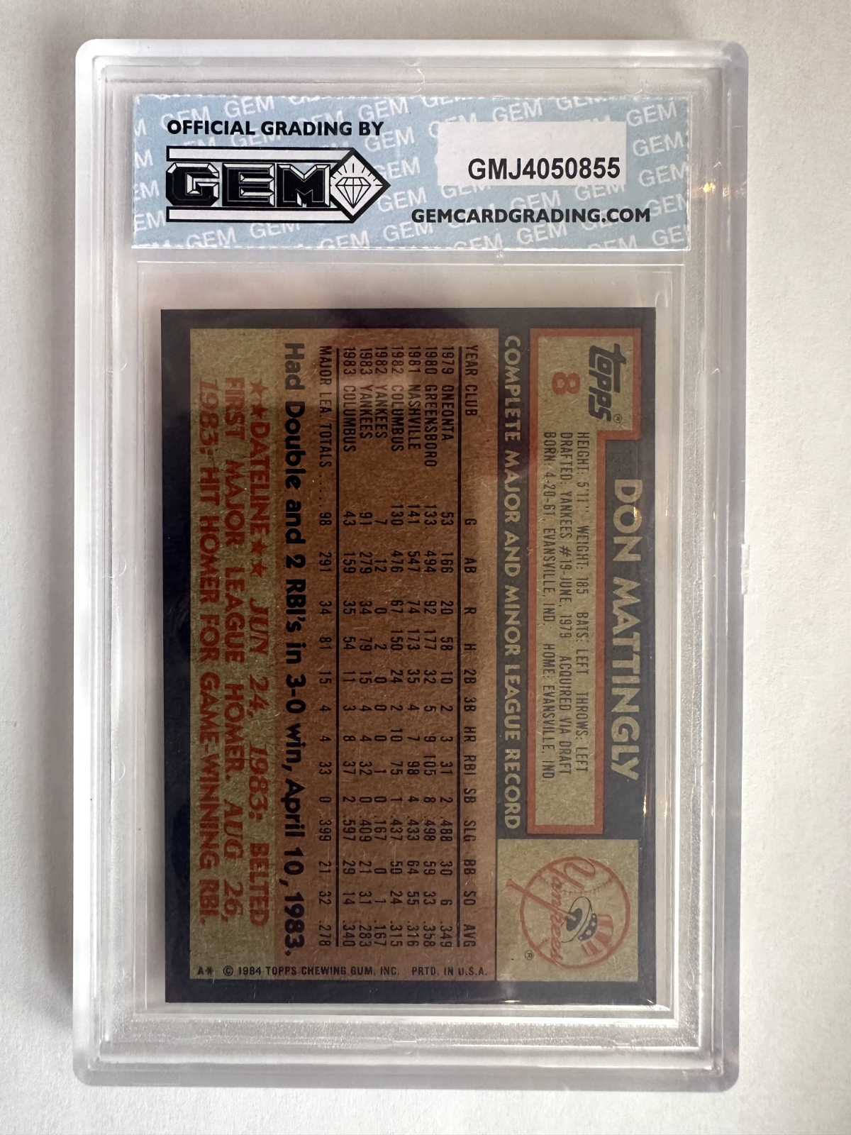 1984 Topps Don Mattingly Rookie Card – GEM MINT 10!