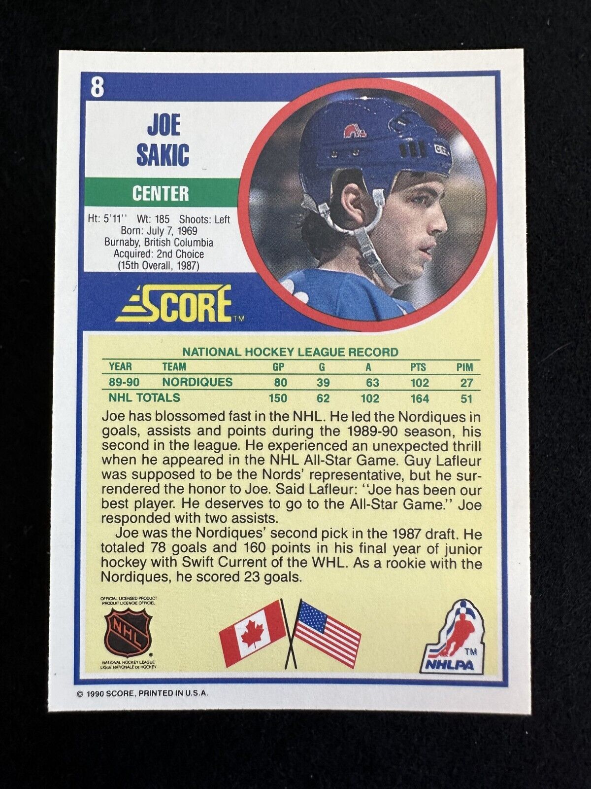 1990–91 Score Joe Sakic (#8) NM HOFer, Nordiques Great ^GRUMPYBUCK^