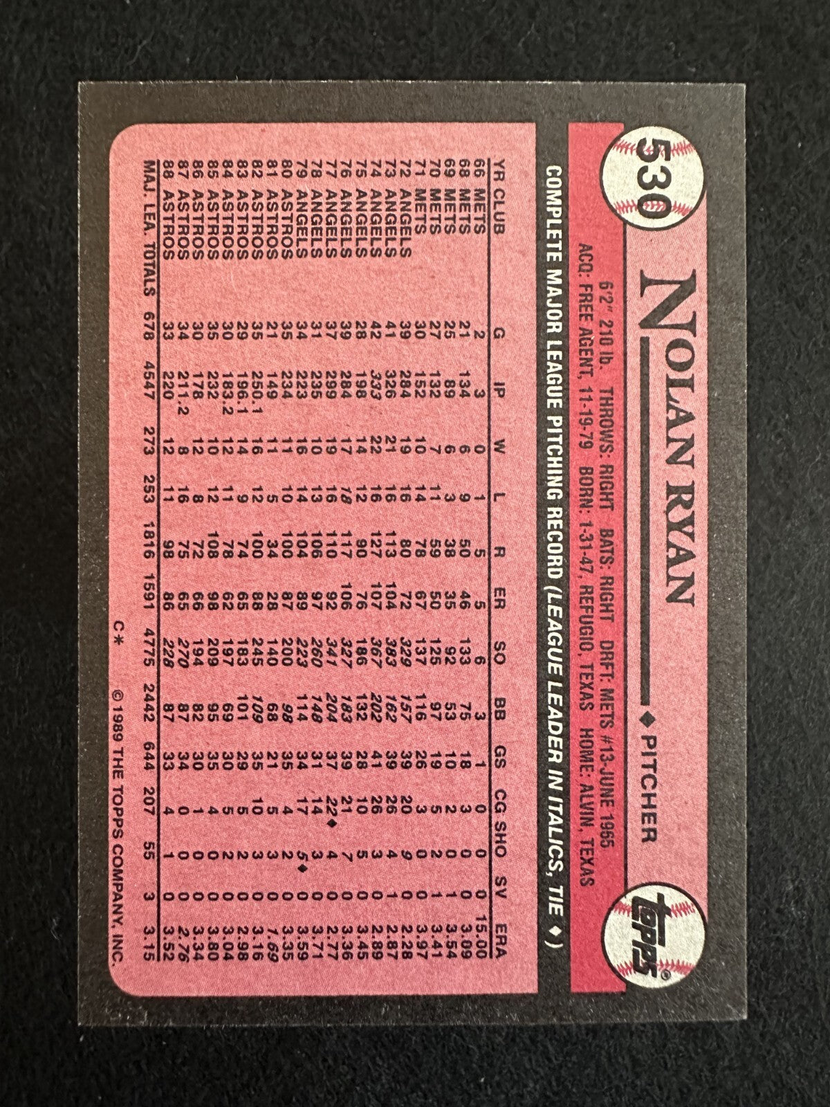 1989 Topps Nolan Ryan (#530) NM HOFer, Ryan Express ^GRUMPYBUCK^